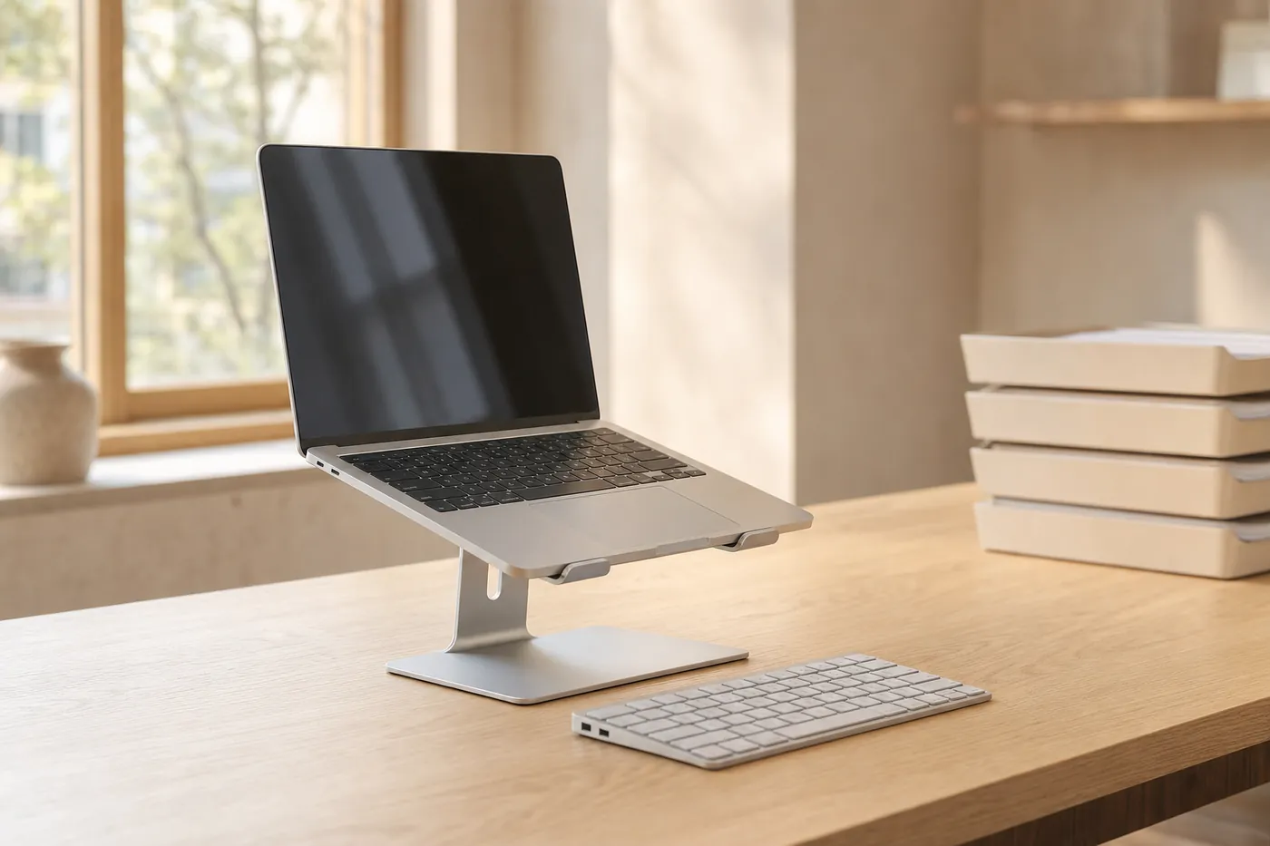 An open laptop on a raised stand, on the back-office desk of a small shop.