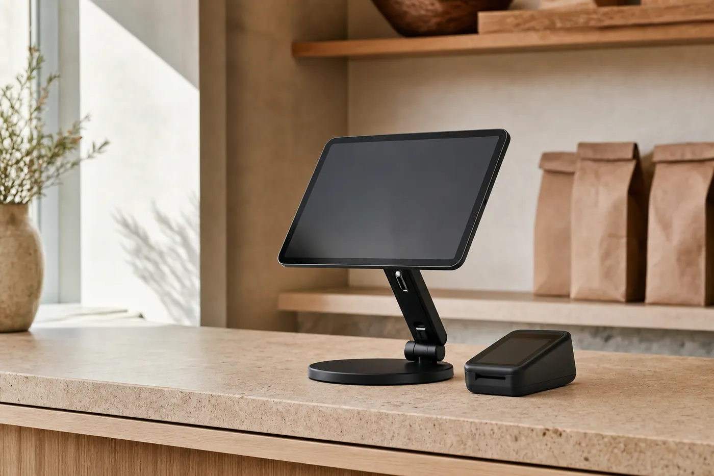 A tablet on a swivel counter stand, on the pale counter of a small shop.