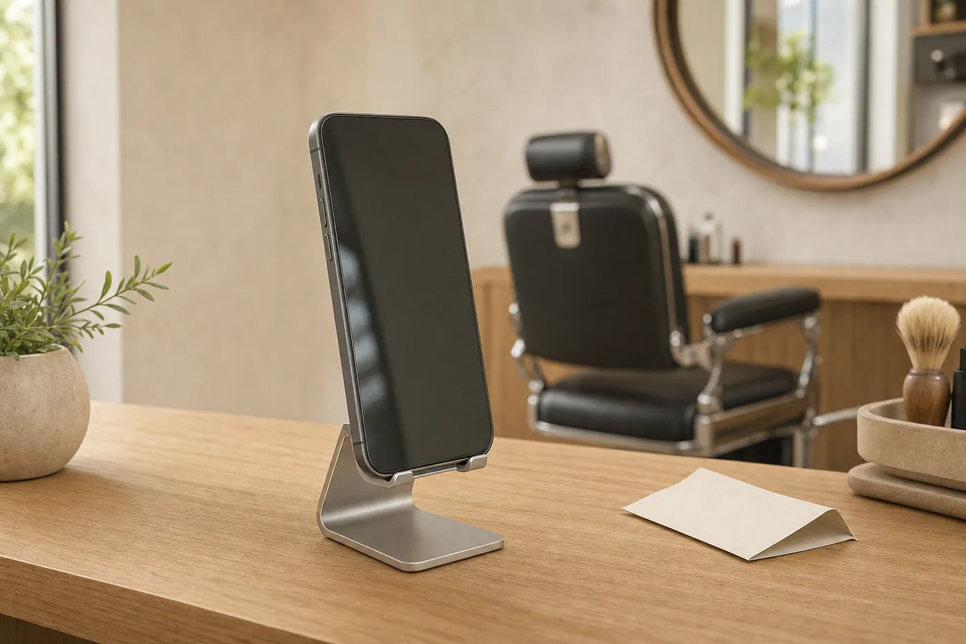 A smartphone resting on an aluminium counter stand, in a salon.