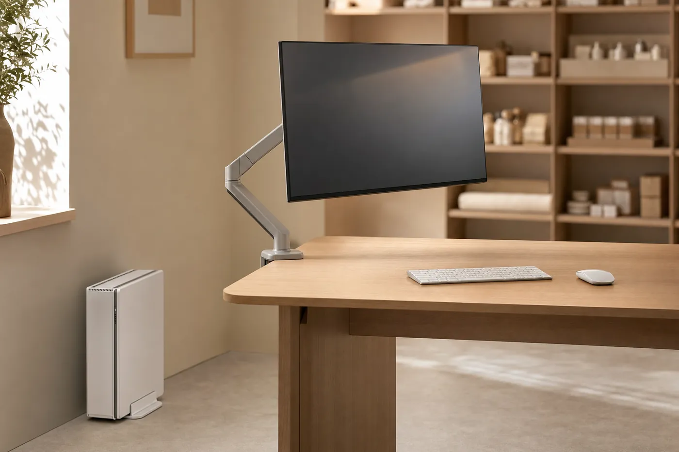 A large monitor on an articulated arm above a desk, with a computer tower beside it.