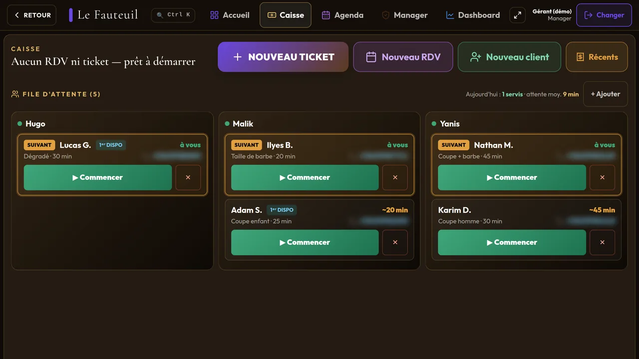 Walk-in queue of a demo salon on the Kompt register, per barber