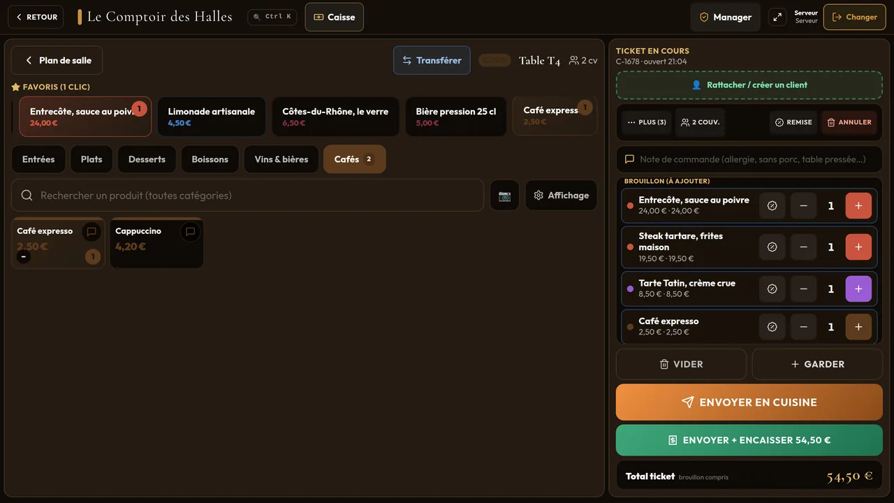 Kompt register in the demo restaurant: a table ticket with rib-eye, steak tartare and tarte Tatin